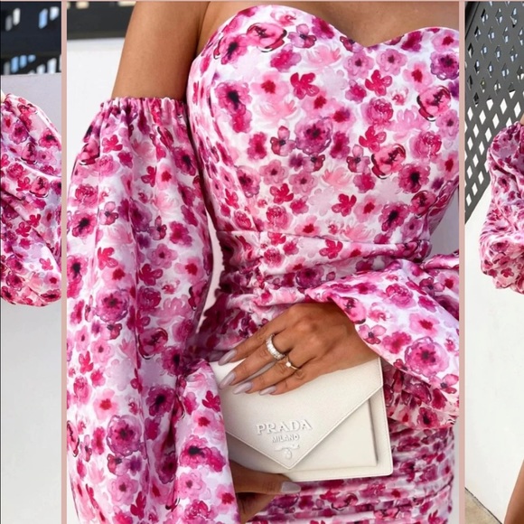 Puff Sleeve Pink Floral Ruched Mini Dress main image 0